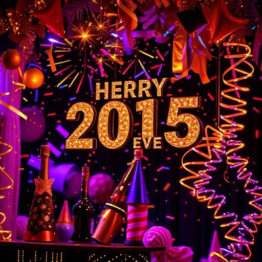 A celebratory New Year's Eve party with decorations and confetti.