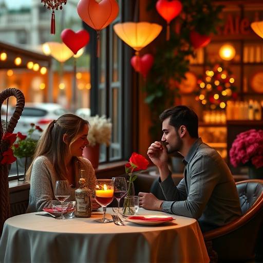A couple enjoying a romantic Valentine's Day dinner at a cafe.