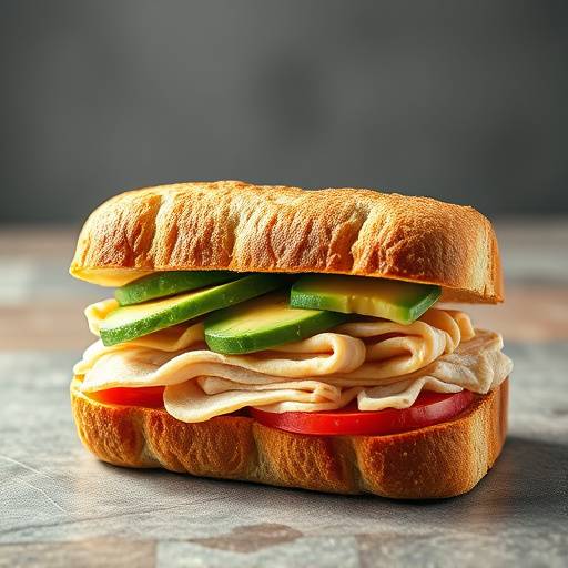 A delicious turkey and avocado sandwich on toasted sourdough bread.