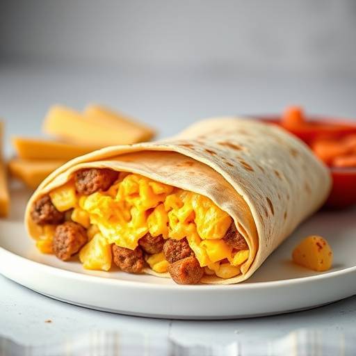 A hearty breakfast burrito filled with scrambled eggs, sausage, cheese, and potatoes.