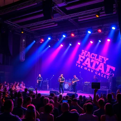 A live band performing on stage with a lively crowd in the background.
