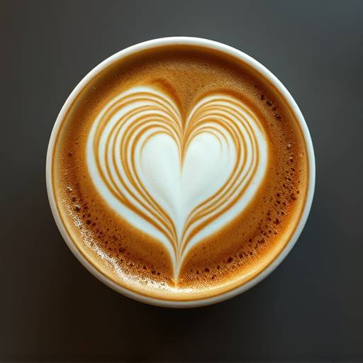 A perfectly poured latte with latte art featuring a heart design.