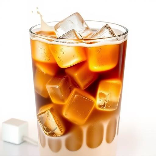 A refreshing iced coffee with ice cubes and a splash of milk.