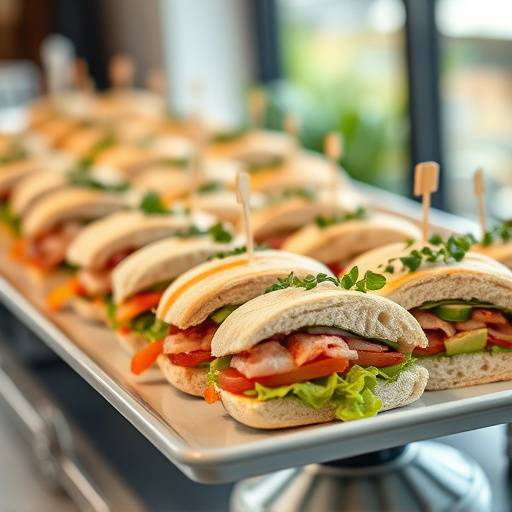 A selection of gourmet sandwiches, neatly arranged on a platter, ready to be served at a catered lunch event.