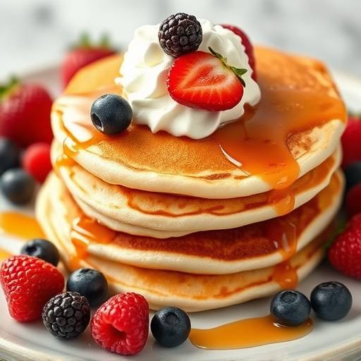 A stack of fluffy pancakes topped with fresh berries and whipped cream.