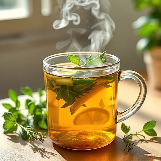 A steaming cup of herbal tea with fresh herbs and a slice of lemon.