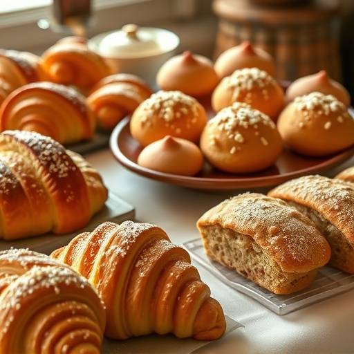 An assortment of beautifully arranged pastries, including croissants, muffins, and scones, displayed on a catering table.