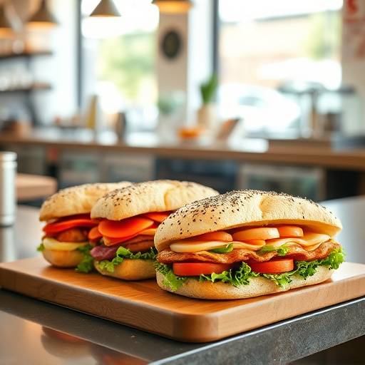 Assortment of gourmet sandwiches on display at the cafe counter.