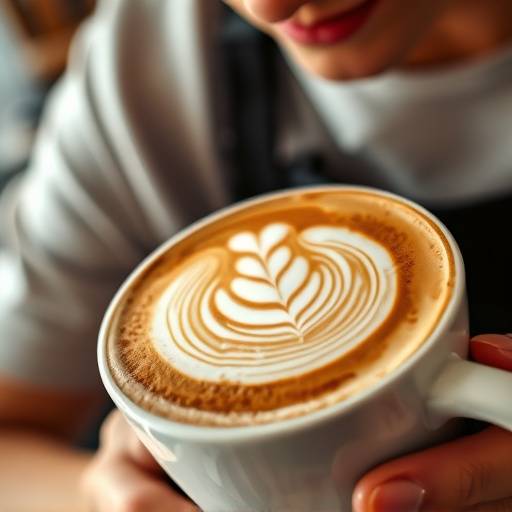 Close-up of a barista creating intricate latte art in a cup of coffee.