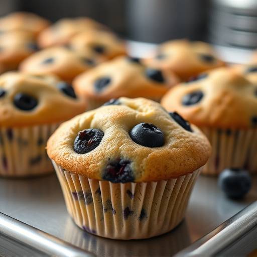 Close-up of a tray of freshly baked blueberry muffins at The Daily Grind Cafe, still warm from the oven.