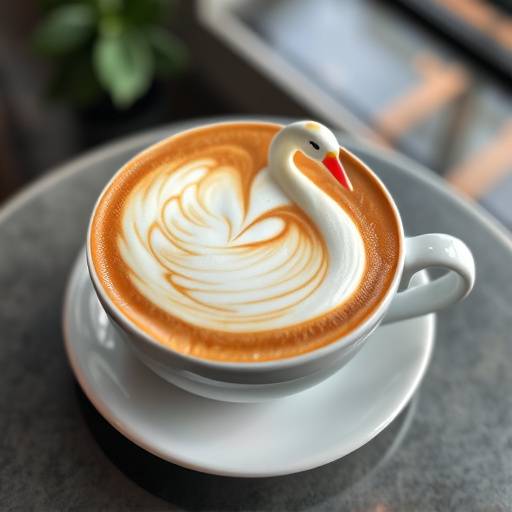Exquisite swan design latte art displayed in a porcelain cup at The Daily Grind Cafe.