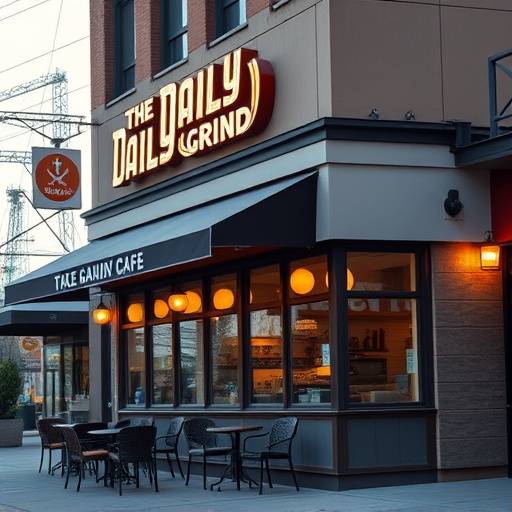 Exterior shot of The Daily Grind Cafe with outdoor seating and welcoming signage.
