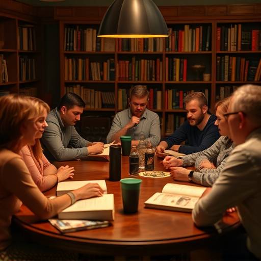 People sitting around a table discussing a book at a book club meeting.