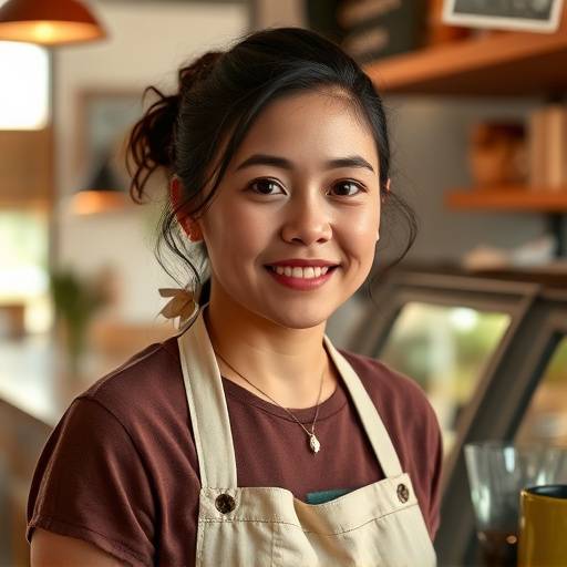 Portrait of Olivia Rodriguez, the cafe manager of The Daily Grind Cafe.