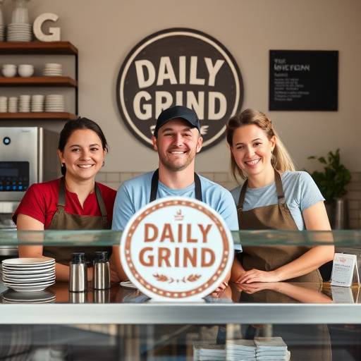 Team photo of The Daily Grind Cafe staff, smiling and standing behind the counter.